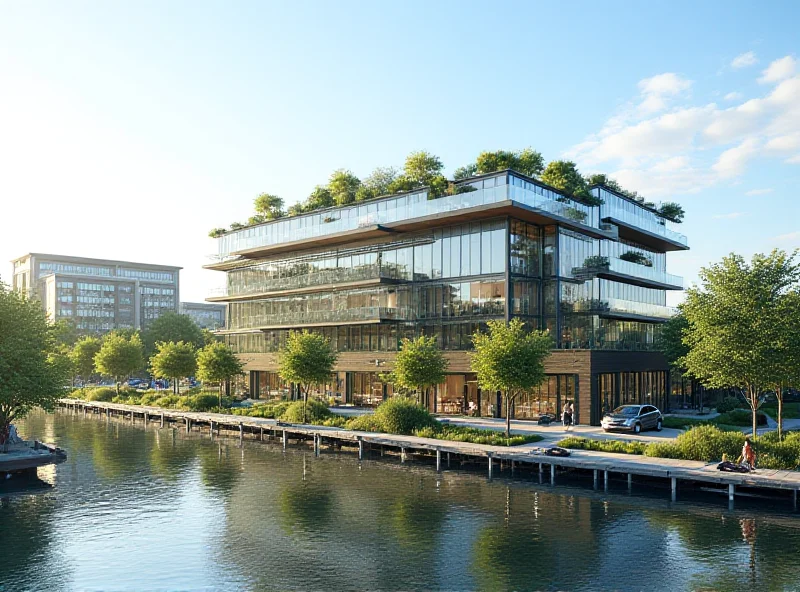 Architectural rendering of a modern commercial and residential building complex on the banks of a river.