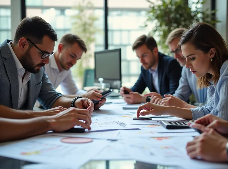 A diverse group of people reviewing financial documents and using calculators in a modern office setting.