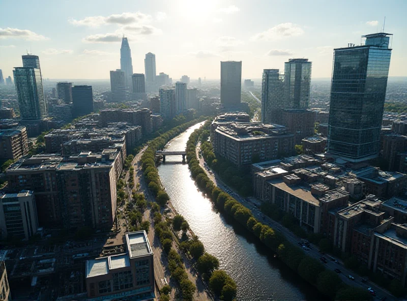 Aerial view of Manchester city center, showcasing modern architecture alongside historical buildings, with the River Irwell winding through the cityscape.