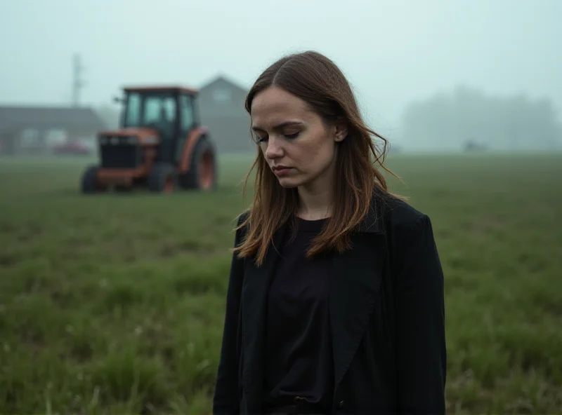 Mourning mother looks sadly over a field where the accident happened.