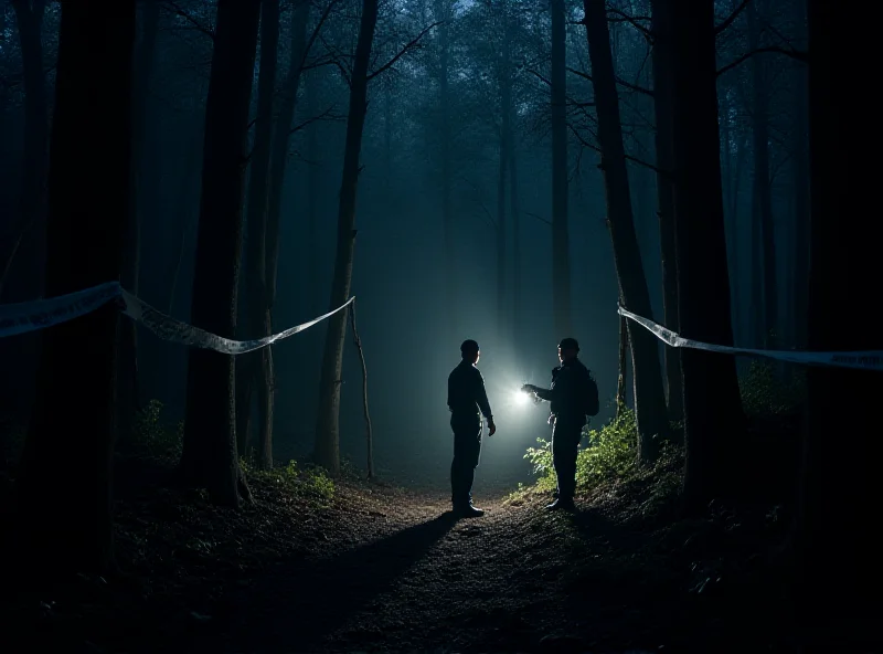 Police officers at a crime scene tape in a wooded area.