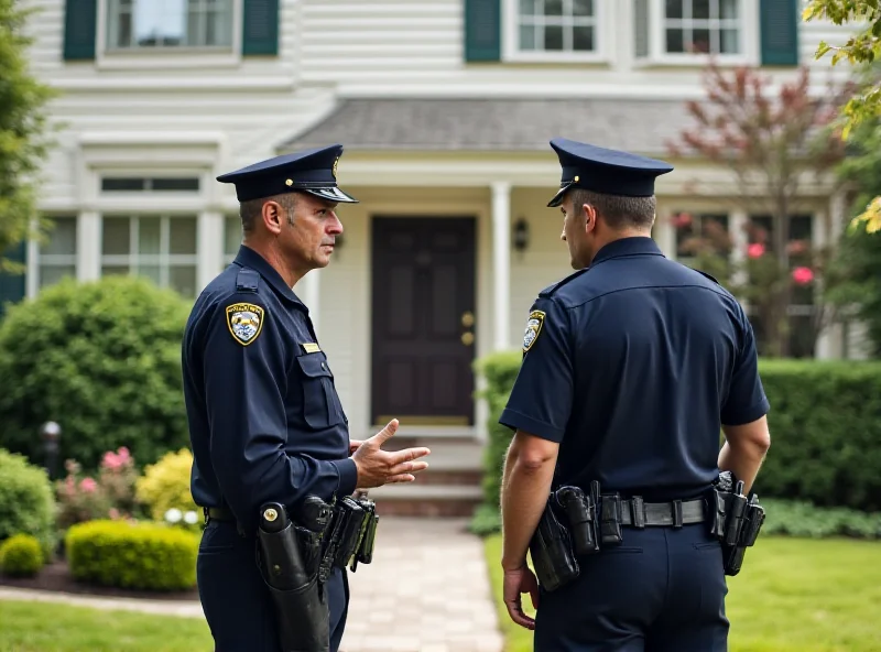 A police officer in uniform talking to a resident in front of a house.