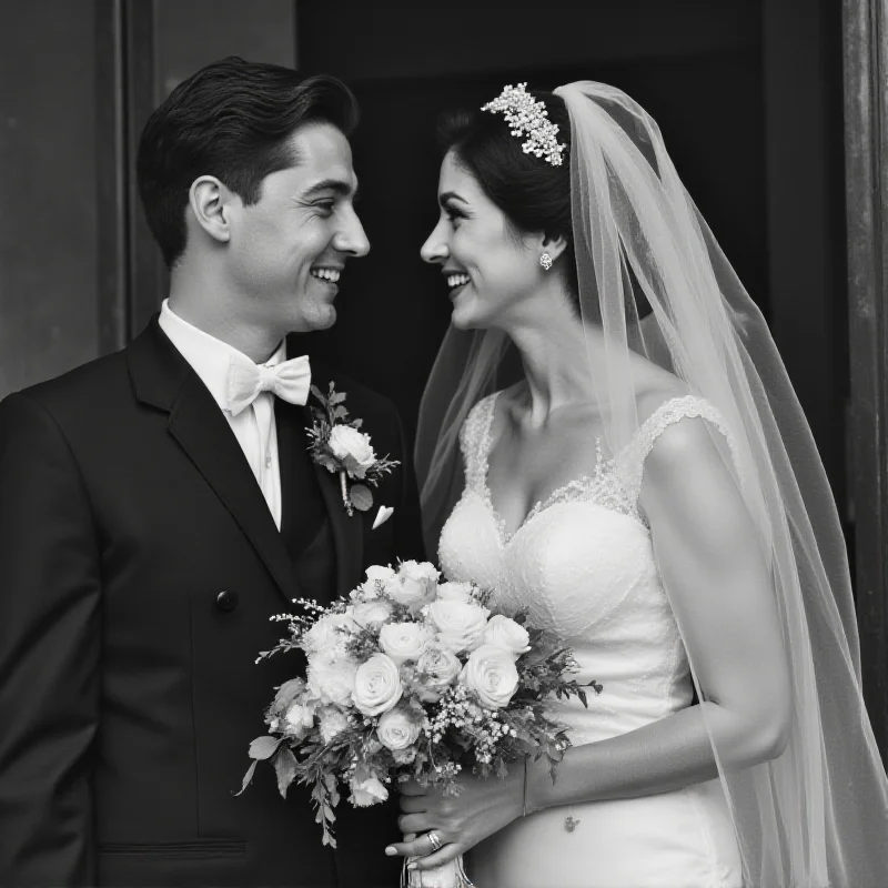 Black and white wedding photo of a young couple, radiating happiness and love on their wedding day.