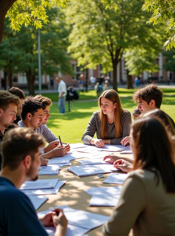 A group of economics students discussing theory in a sunny outdoor setting.