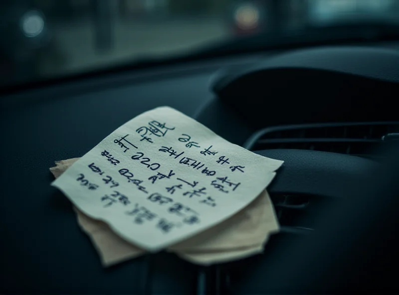 Close-up of a handwritten note with calculations and the word 'left' visible, laying on a car dashboard.