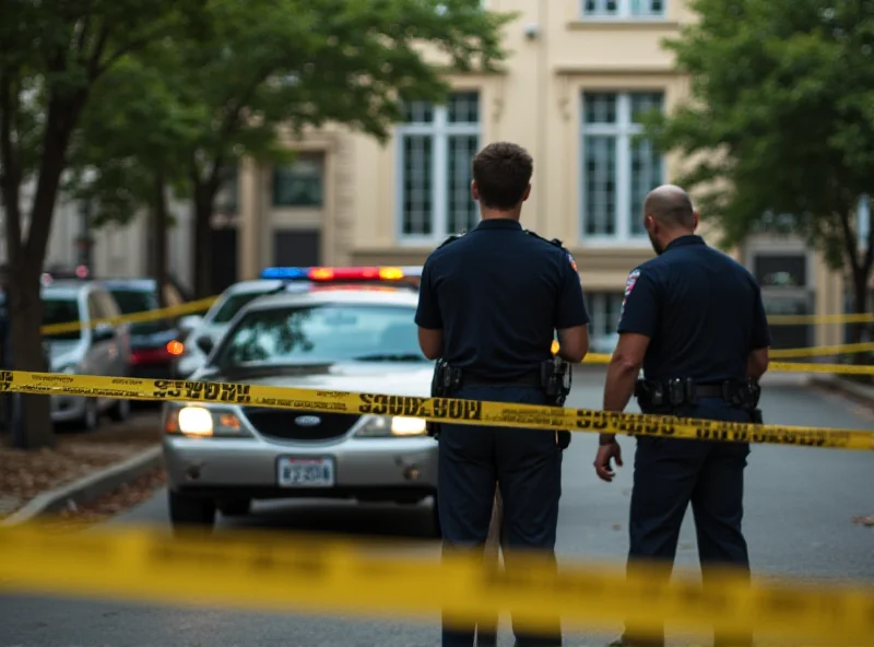 Police officers standing near a car at a crime scene during the day, with yellow tape in the background.