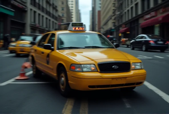 A taxi cab with hazard lights on, blocking a road