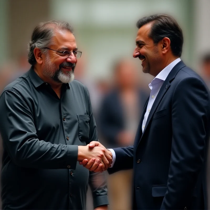 A Pakistani man being congratulated by another man in a suit. Both are smiling.