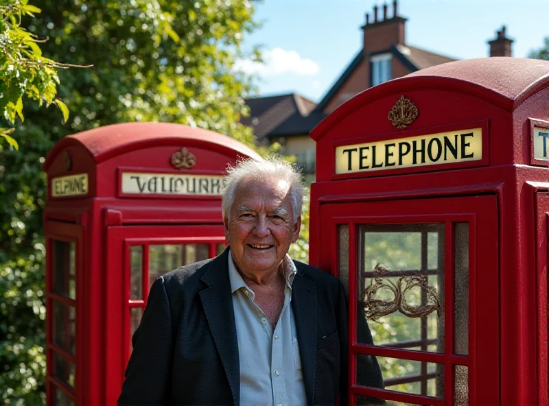 Derek Harris standing next to a red phone box in a village.