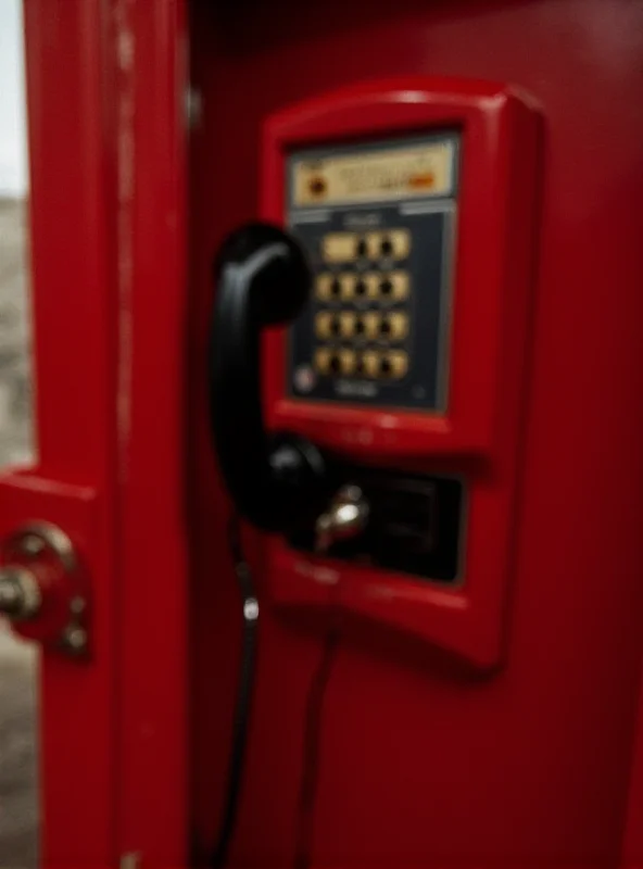 Close up of a K6 red phone box with a dial phone inside.