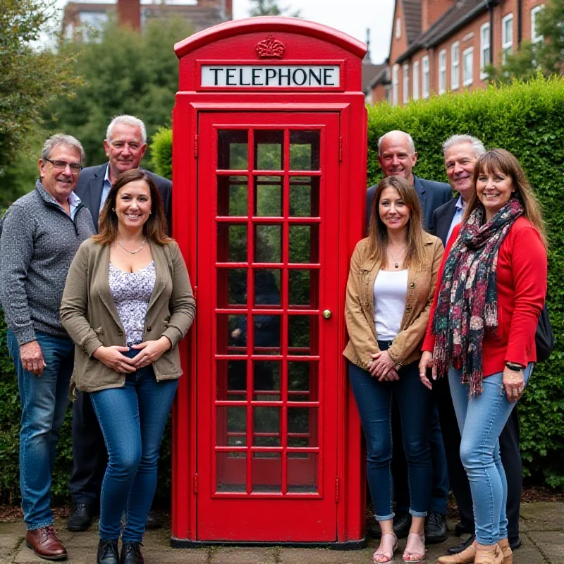 A group of people standing in front of a red phone box in a village.