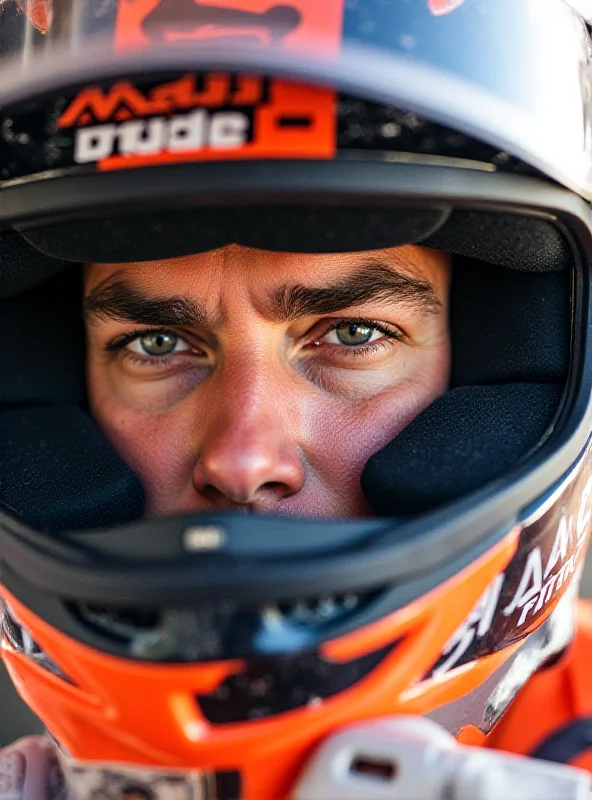 A close-up shot of Marc Márquez's face inside his helmet, showing intense focus and determination as he races.