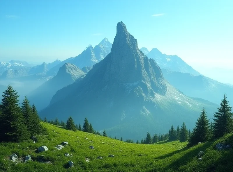 A majestic mountain range with one peak clearly resembling the head of a dog, complete with a snout and ears. The landscape is lush and green with scattered trees and a clear blue sky in the background.