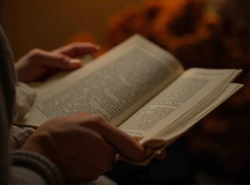 Close-up of a person reading a book in a cozy setting.