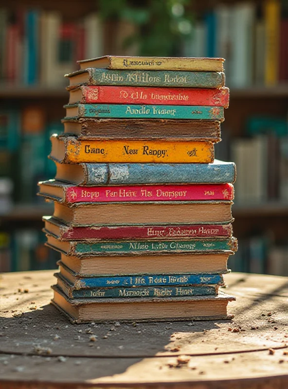 Stack of colorful books on a wooden table.