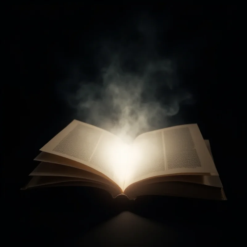 An open book with light emanating from the pages, surrounded by a dark background.