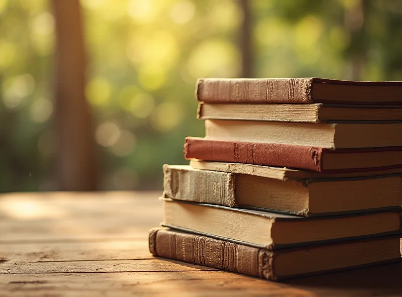 A stack of well-worn books on a wooden table, bathed in soft, natural light.