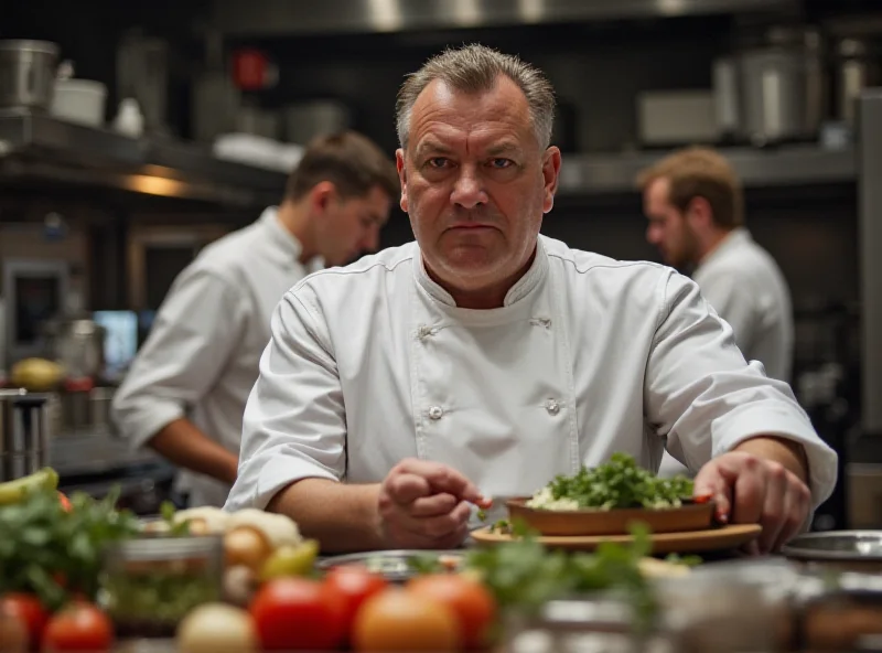 A stern-looking chef glaring at a contestant in a cooking competition, with a tense atmosphere in the kitchen.