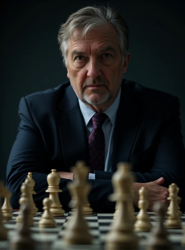 A businessman standing in front of a chessboard, contemplating his next move.