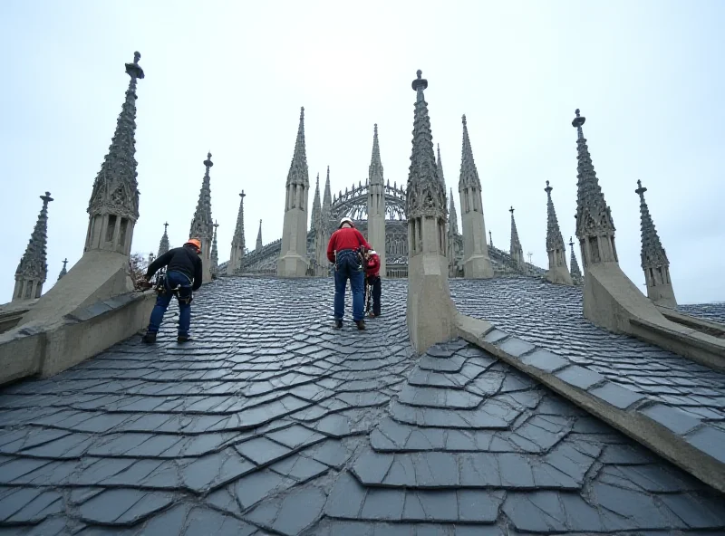 A wide angle shot of a cathedral roof with workers repairing slate tiles.