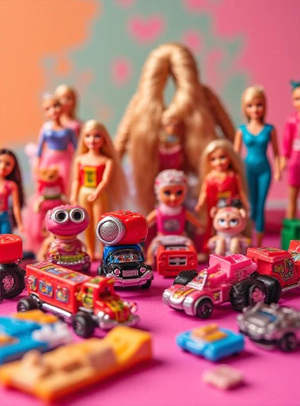 Close-up of various Mattel toys, including Barbie dolls and Hot Wheels cars, against a brightly colored background.