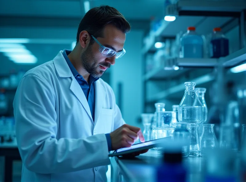 A doctor in a lab coat reviewing data on a tablet, with test tubes and scientific equipment in the background, symbolizing pharmaceutical research.