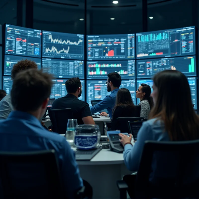 A diverse group of people analyzing stock charts and financial data on monitors in a modern office setting, suggesting a collaborative investment environment.