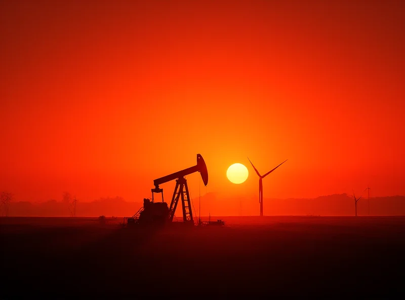 Image of an oil rig silhouetted against a sunset, juxtaposed with a faint wind turbine in the background, symbolizing the shift from renewable energy back to fossil fuels.