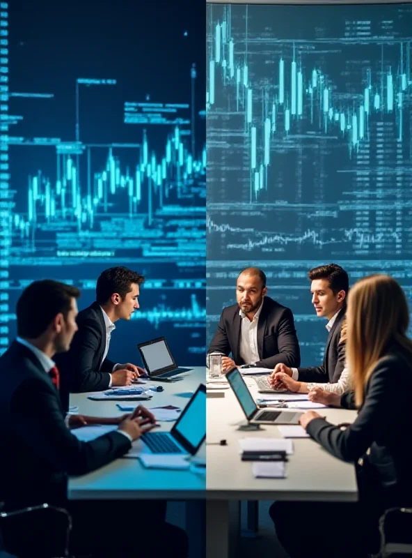 A split image showing a computer screen with stock charts on one side and a group of business professionals discussing earnings on the other.