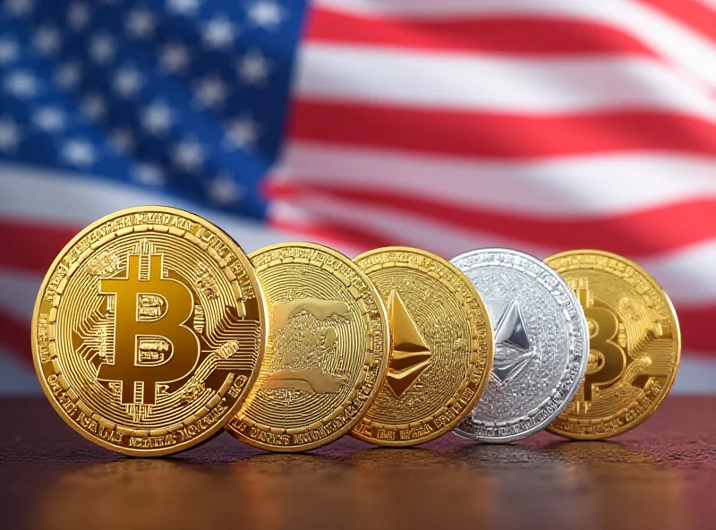 Digital illustration of various cryptocurrencies arranged to resemble a national reserve with an American flag waving in the background.