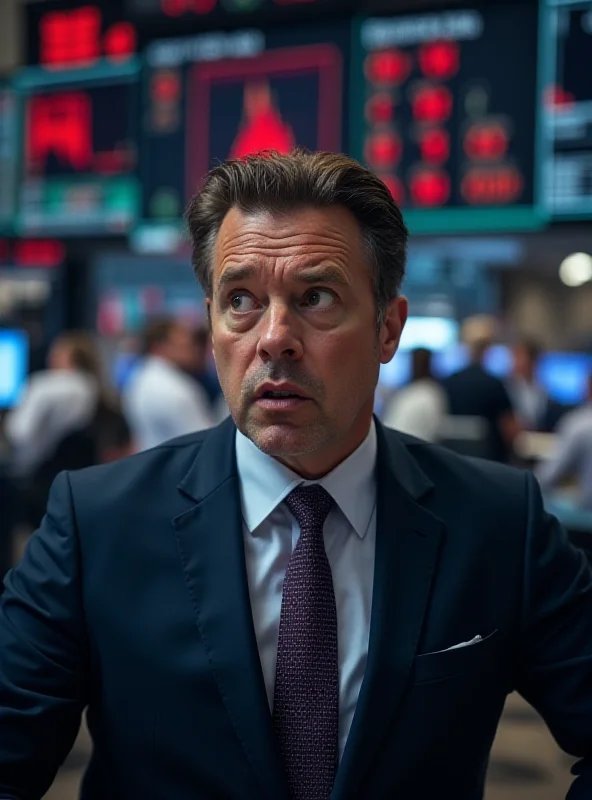 Image of a worried investor looking at a stock market ticker showing a significant drop.