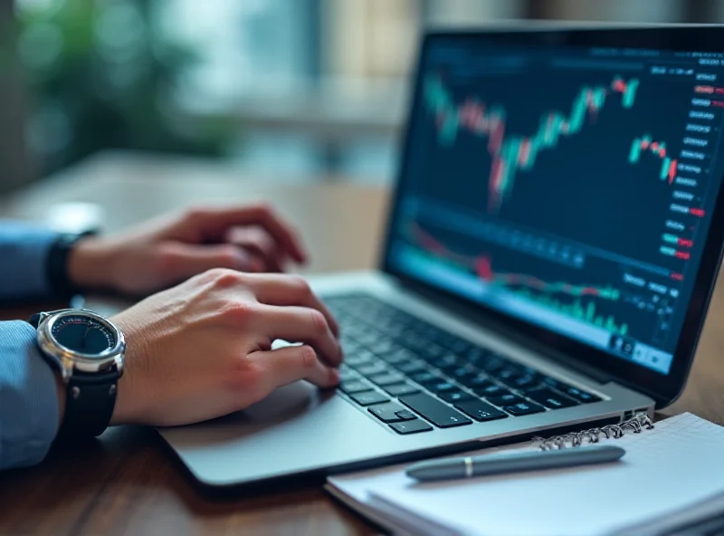 Close-up shot of a person's hands analyzing stock charts on a laptop, with a pen and notebook nearby.