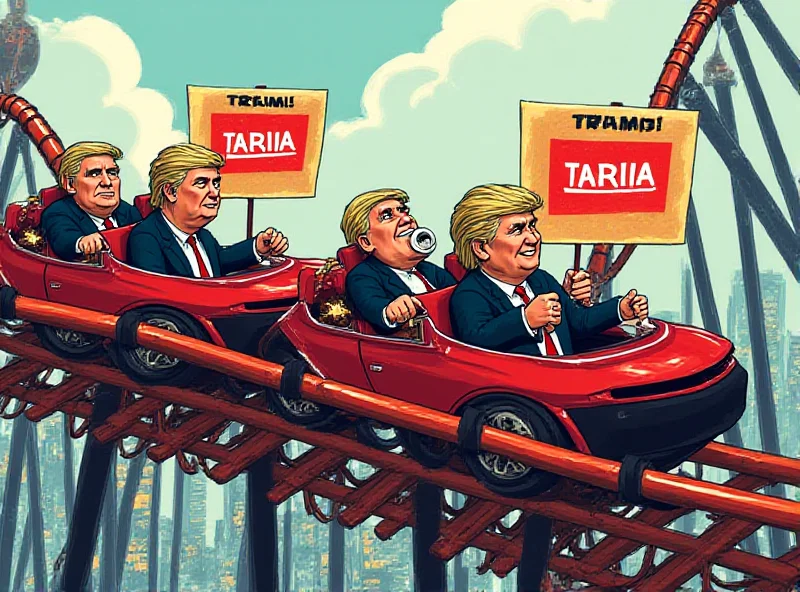 Illustration of a rollercoaster with tariff signs on the cars, representing the unpredictable nature of Trump's trade policies.