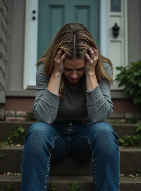 A distressed young woman sitting on the steps of a house, holding her head in her hands, symbolizing financial stress and the fear of losing her home.