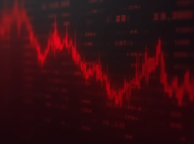 A downward trending graph overlaid on a stock ticker display, symbolizing a stock market selloff and potential further declines.