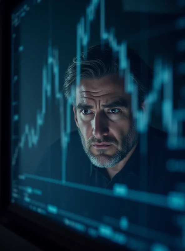 A person looking at a complex stock market chart on a large screen, with a worried expression