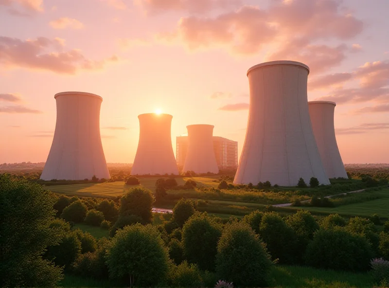 Illustration of a nuclear power plant with a focus on clean energy and investment growth.