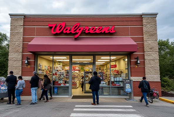 A Walgreens store front with people walking by.