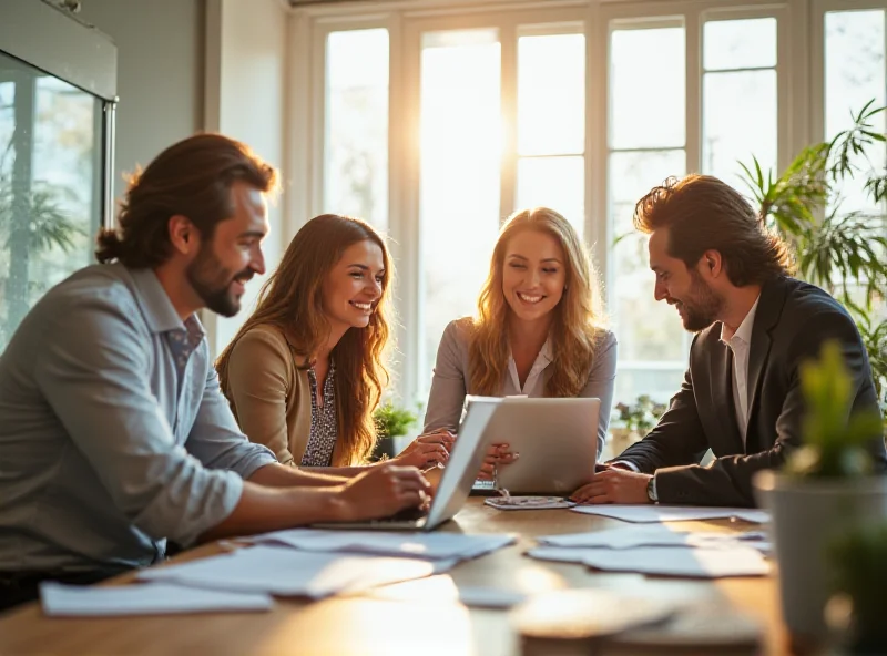 A diverse group of professionals working collaboratively in a modern office environment.