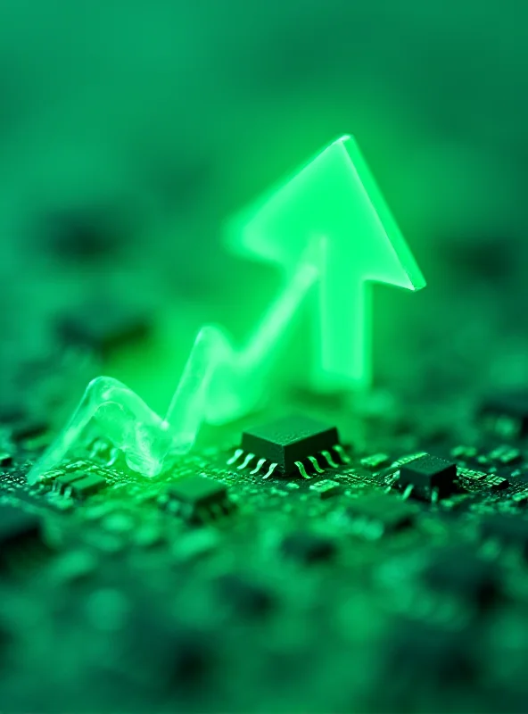 Close-up shot of integrated circuits with a green upward trending arrow overlayed.