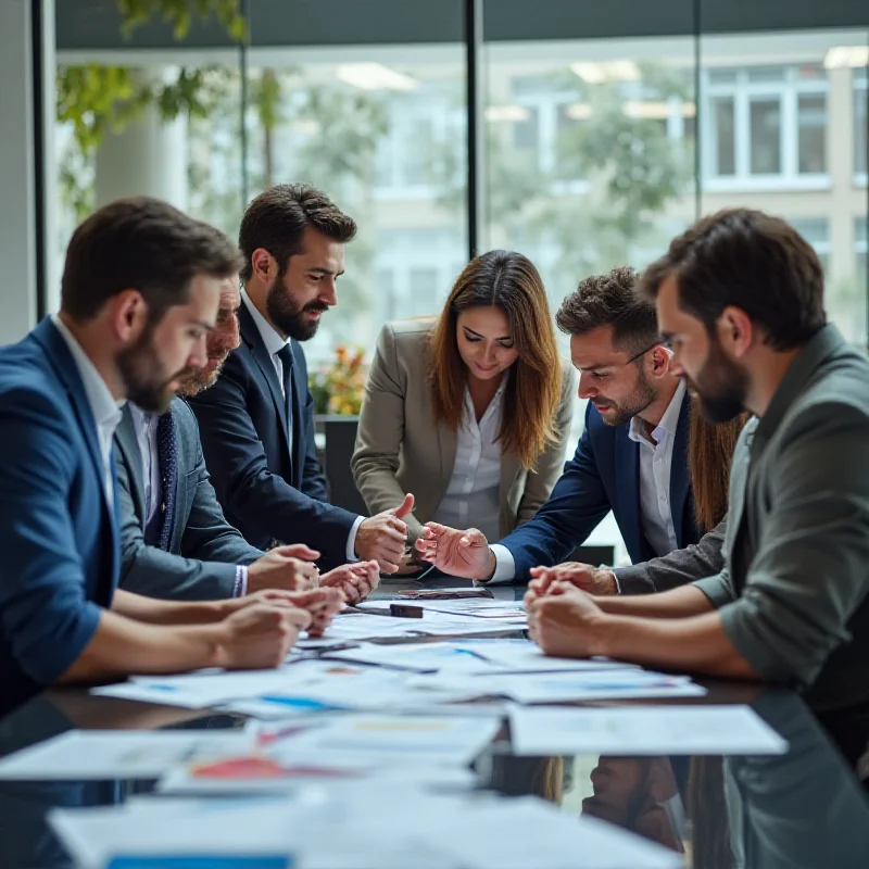 A diverse group of business professionals collaborating in a modern office space.