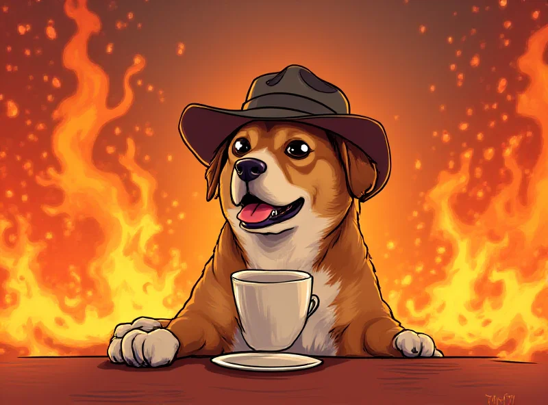 A dog calmly drinking coffee while a room burns around it