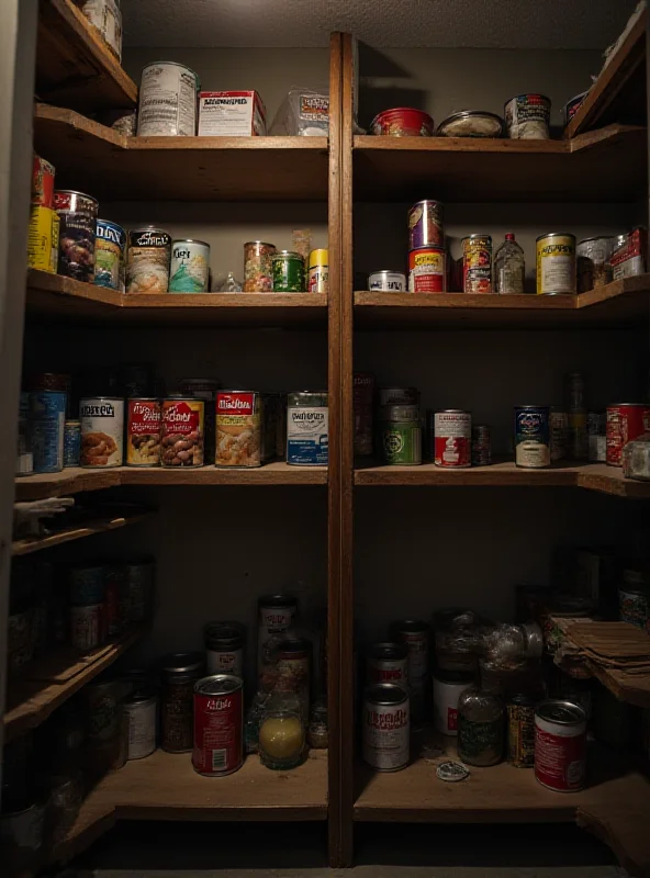 An empty pantry shelf with only a few items remaining.