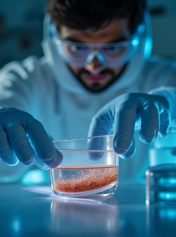 Close-up laboratory image of a scientist examining a sample of reddish dust.