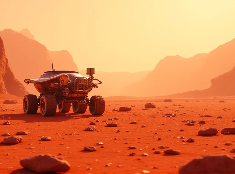 Artistic rendering of a future Mars rover exploring a rocky, red landscape, searching for signs of past life.