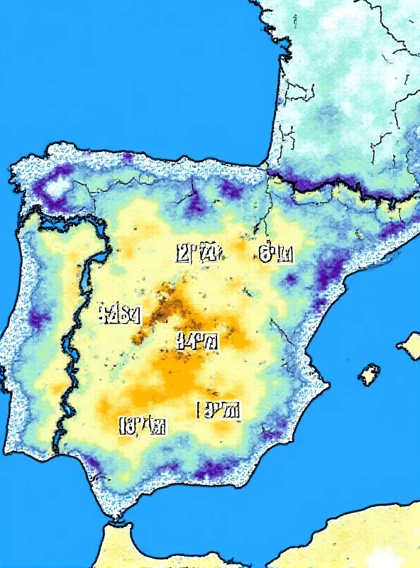 A weather map of Spain showing rain and snow during the Carnival weekend.