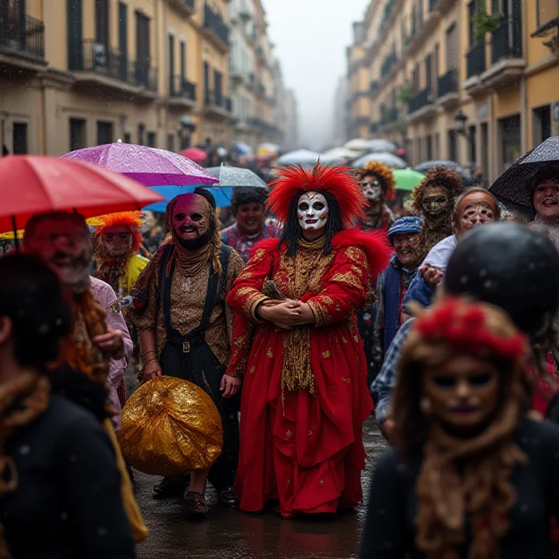 People celebrating Carnival in the rain with umbrellas and colorful costumes.