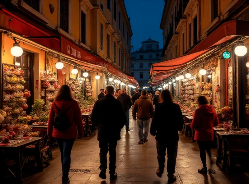 A bustling street scene in Marseille at night, with various shops and restaurants illuminated and people walking by.