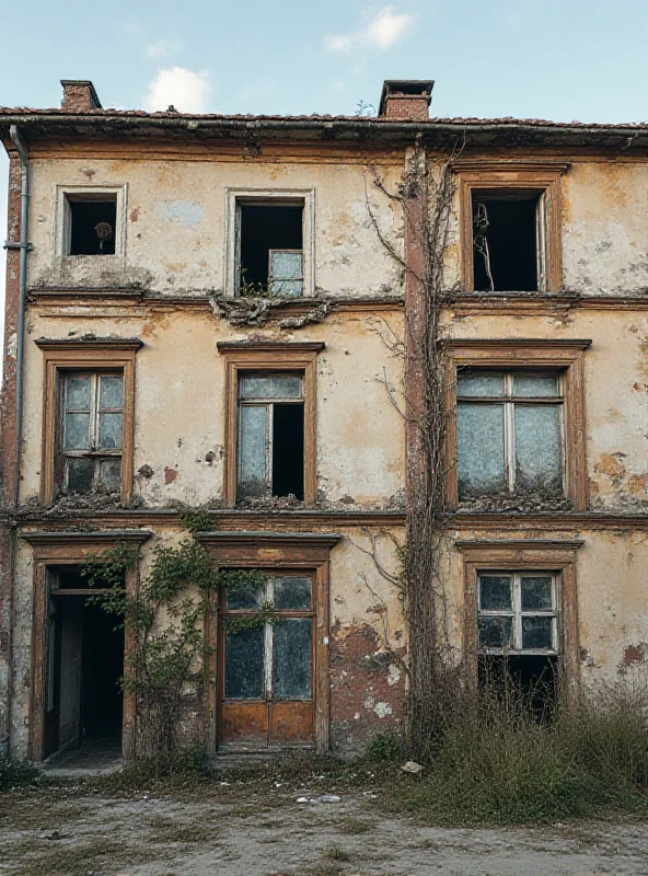 A dilapidated apartment building with peeling paint, broken windows, and signs of neglect.