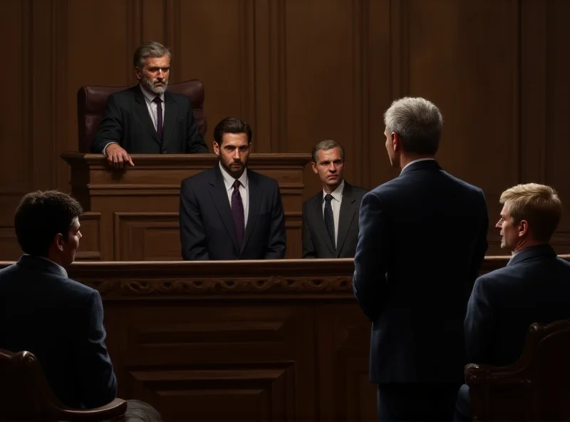 Illustration of a courtroom scene with a defendant testifying in front of a judge and jury.